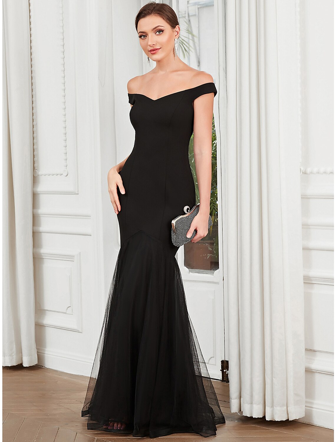 Meerjungfrau/Trompete Abendkleid Elegantes Kleid Partykleidung Bodenlang Ärmellos Schulterfrei Polyester mit Falten